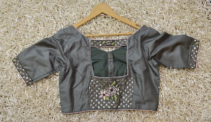 Grey Color Silk Crape Designer blouse - Serene - Naksheband