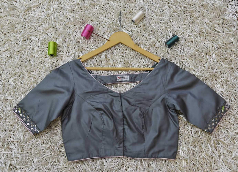 Grey Color Silk Crape Designer blouse - Serene - Naksheband
