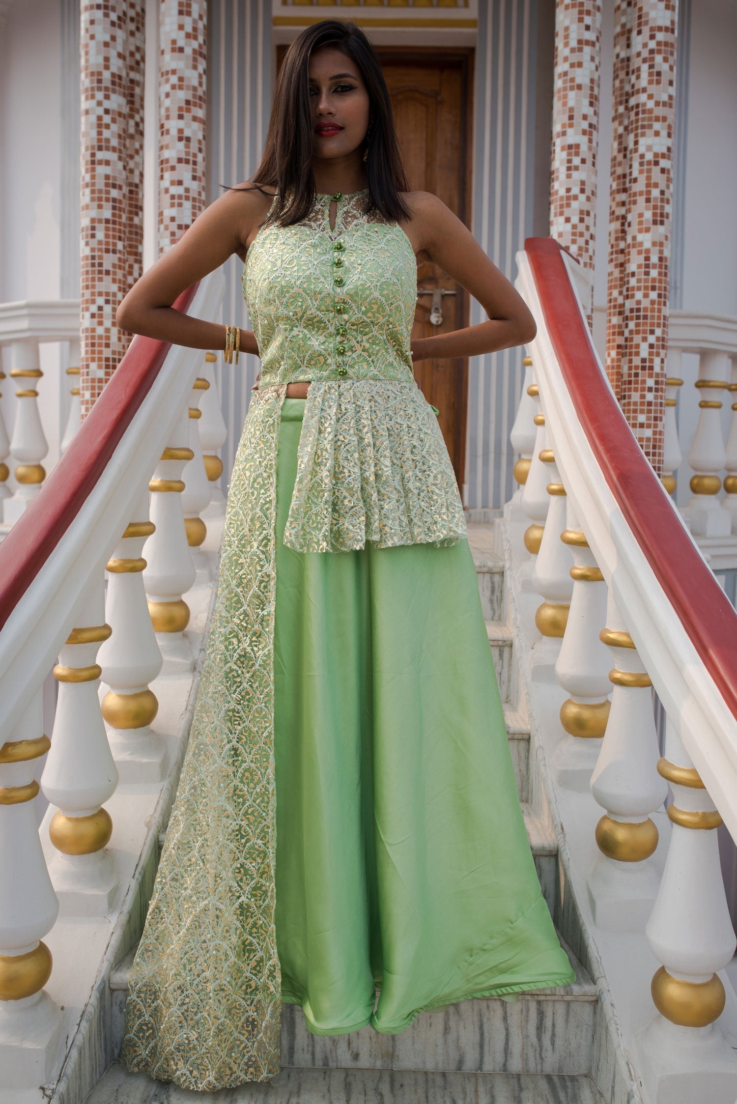 Kelly Green Color Indowestern Designer Skirt Set - Glitter - Naksheband