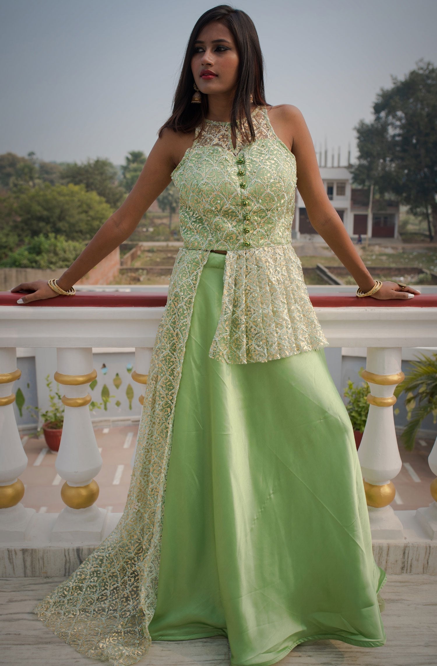 Kelly Green Color Indowestern Designer Skirt Set - Glitter - Naksheband
