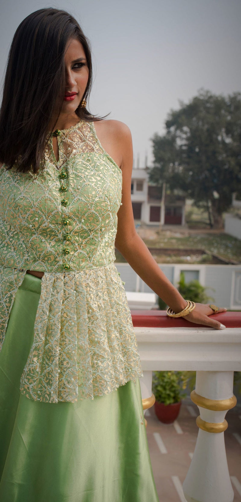 Kelly Green Color Indowestern Designer Skirt Set - Glitter - Naksheband
