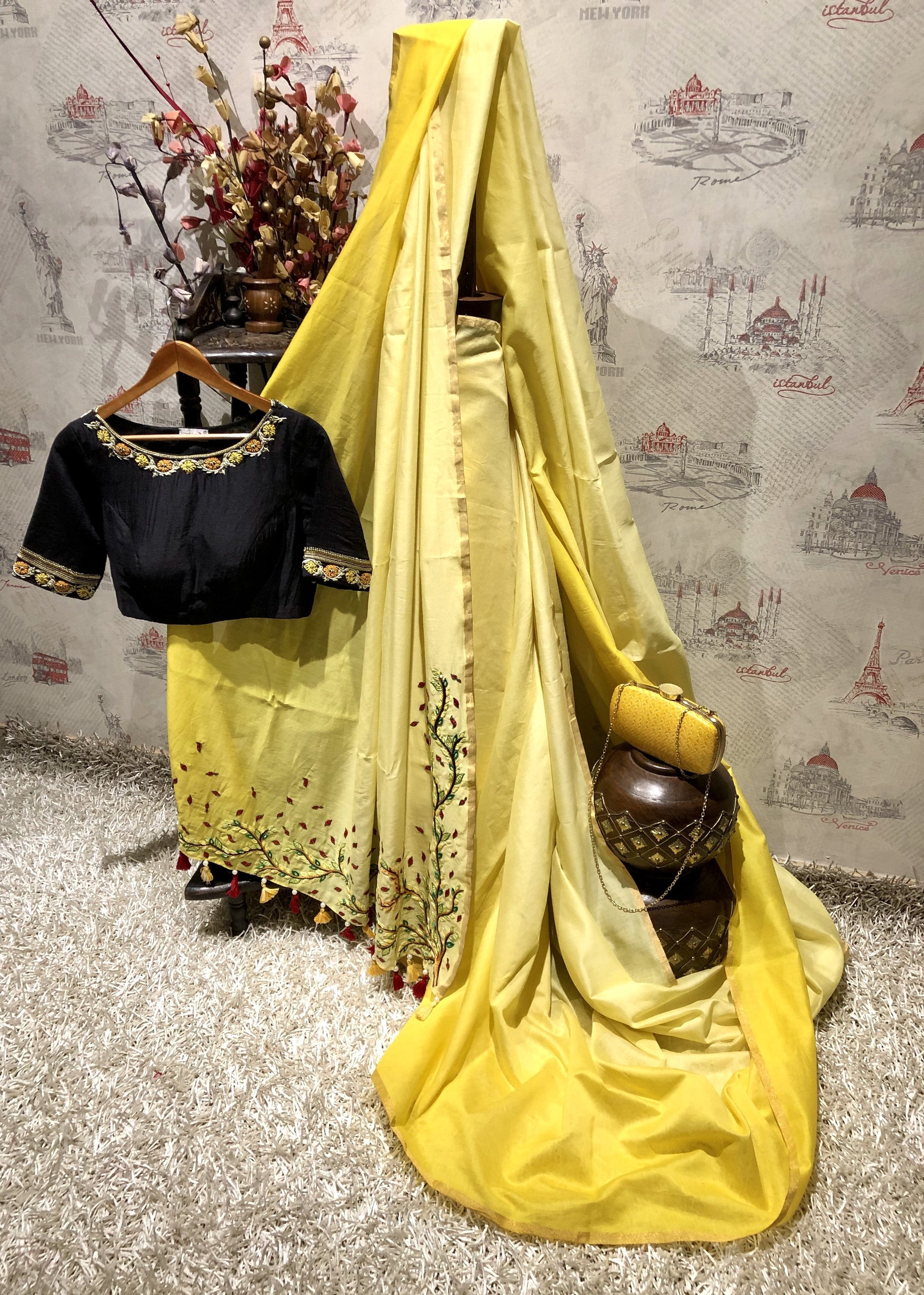 Lemon Yellow Designer Pure Silk Chanderi Saree - Black Susan - Naksheband