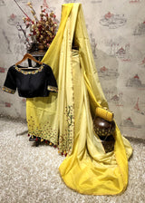 Lemon Yellow Designer Pure Silk Chanderi Saree - Black Susan - Naksheband