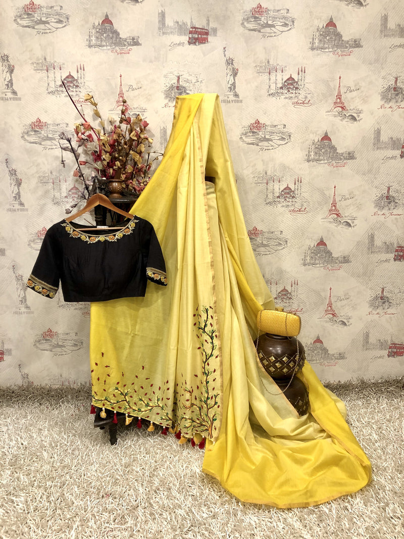 Lemon Yellow Designer Pure Silk Chanderi Saree - Black Susan - Naksheband