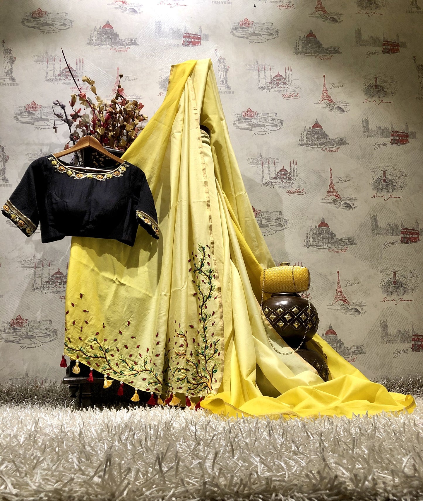 Lemon Yellow Designer Pure Silk Chanderi Saree - Black Susan - Naksheband
