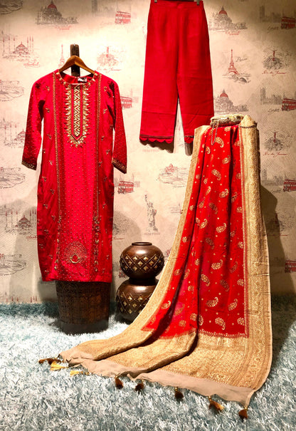 Pure Red Color Pure Muga Silk Suit Set Hand Embroidery - Red Anemone