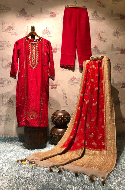 Pure Red Color Pure Muga Silk Suit Set Hand Embroidery - Red Anemone