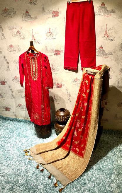 Pure Red Color Pure Muga Silk Suit Set Hand Embroidery - Red Anemone