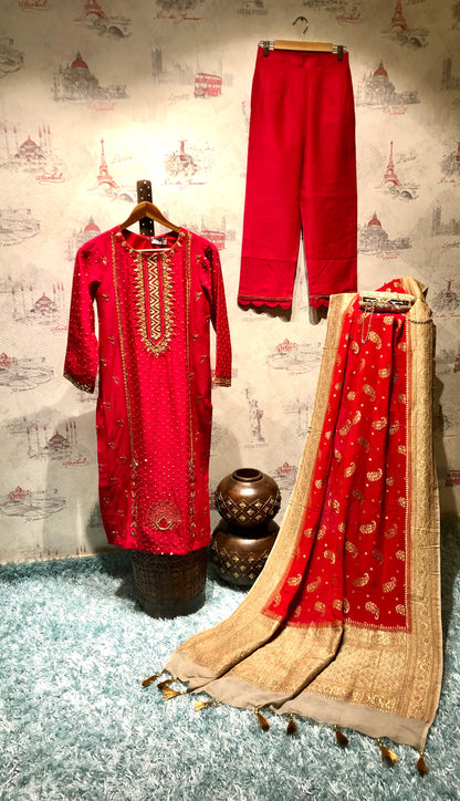 Pure Red Color Pure Muga Silk Suit Set Hand Embroidery - Red Anemone