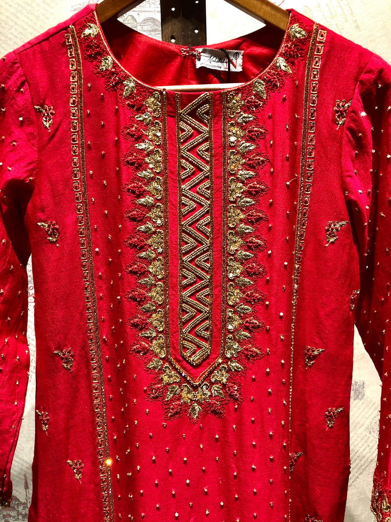 Pure Red Color Pure Muga Silk Suit Set Hand Embroidery - Red Anemone