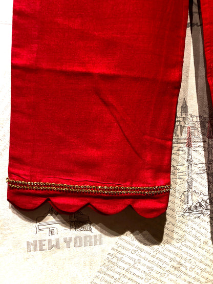 Pure Red Color Pure Muga Silk Suit Set Hand Embroidery - Red Anemone
