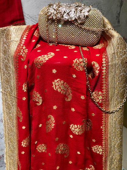 Pure Red Color Pure Muga Silk Suit Set Hand Embroidery - Red Anemone