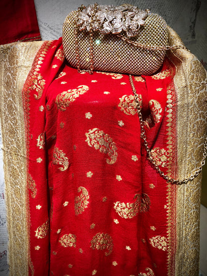 Pure Red Color Pure Muga Silk Suit Set Hand Embroidery - Red Anemone