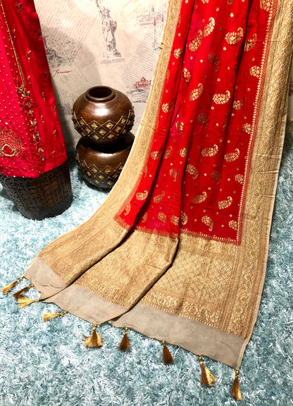 Pure Red Color Pure Muga Silk Suit Set Hand Embroidery - Red Anemone