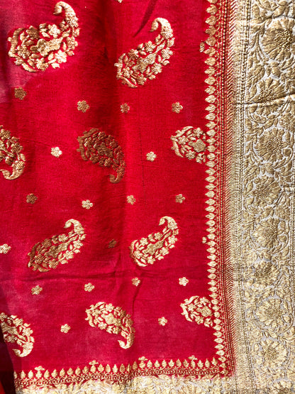 Pure Red Color Pure Muga Silk Suit Set Hand Embroidery - Red Anemone