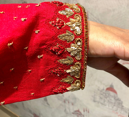 Pure Red Color Pure Muga Silk Suit Set Hand Embroidery - Red Anemone