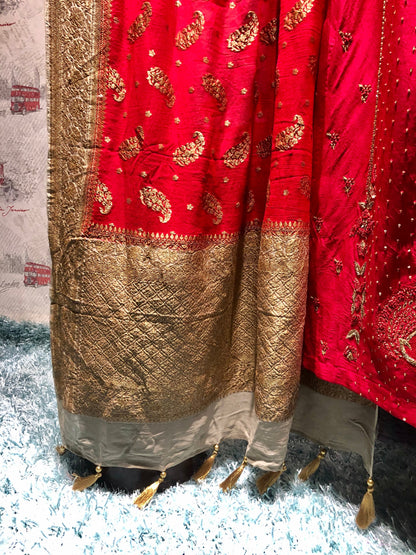 Pure Red Color Pure Muga Silk Suit Set Hand Embroidery - Red Anemone