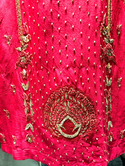 Pure Red Color Pure Muga Silk Suit Set Hand Embroidery - Red Anemone
