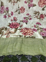 Beige Color Designer Floral Print Pure Cotton Saree - Flora Fun - Naksheband