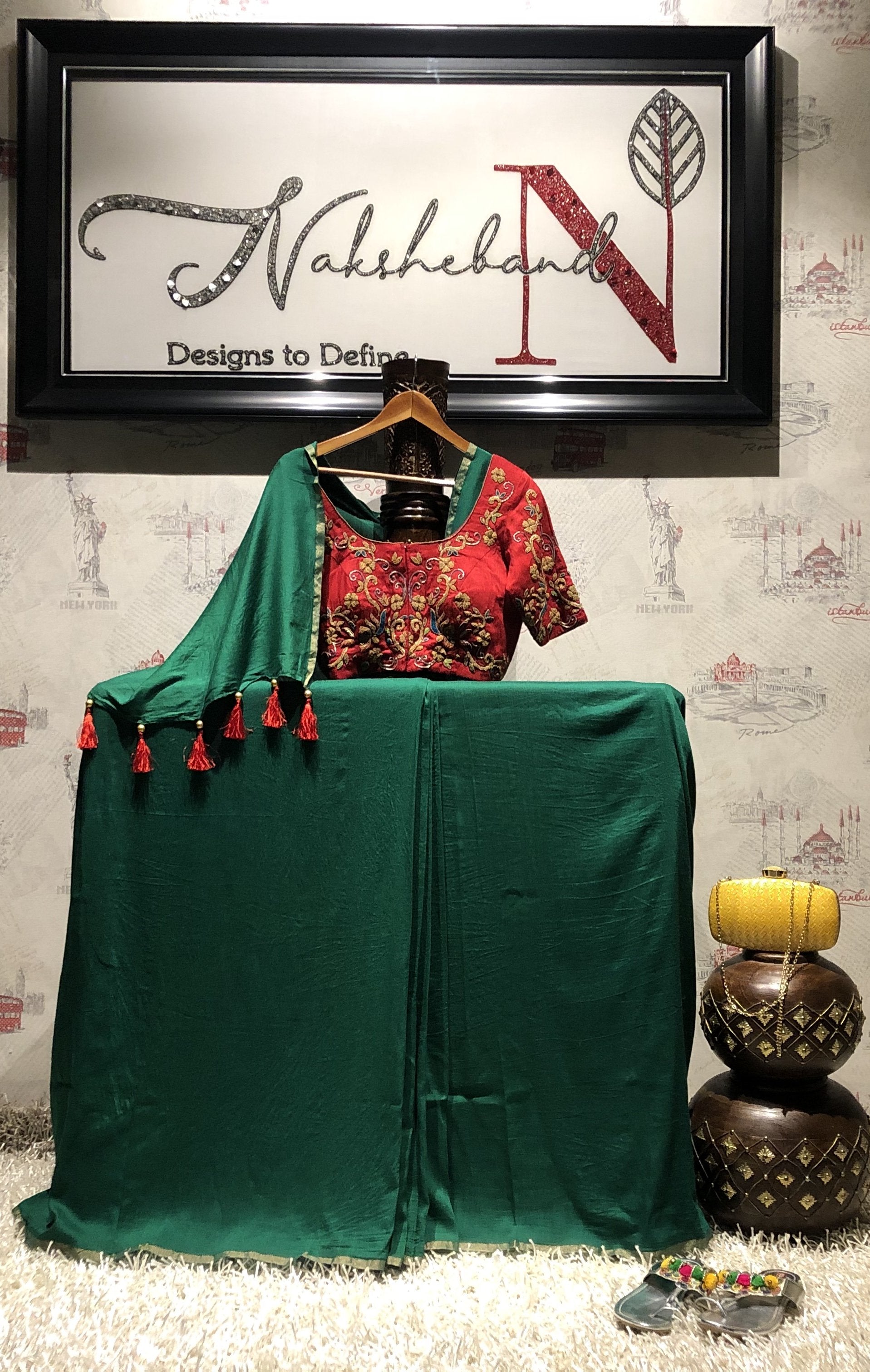 Basil Green Color Designer Pure Muga Embroidered - Ruby - Naksheband