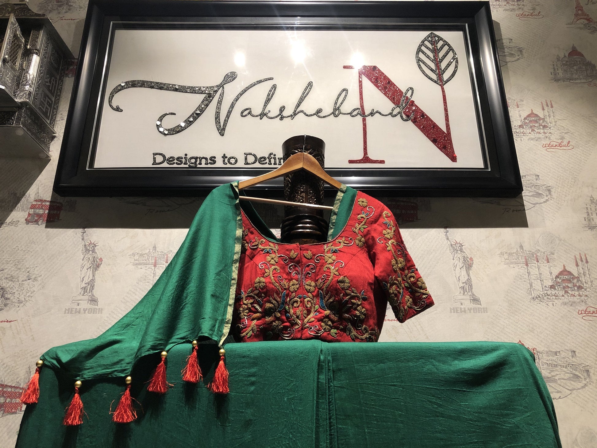Basil Green Color Designer Pure Muga Embroidered - Ruby - Naksheband