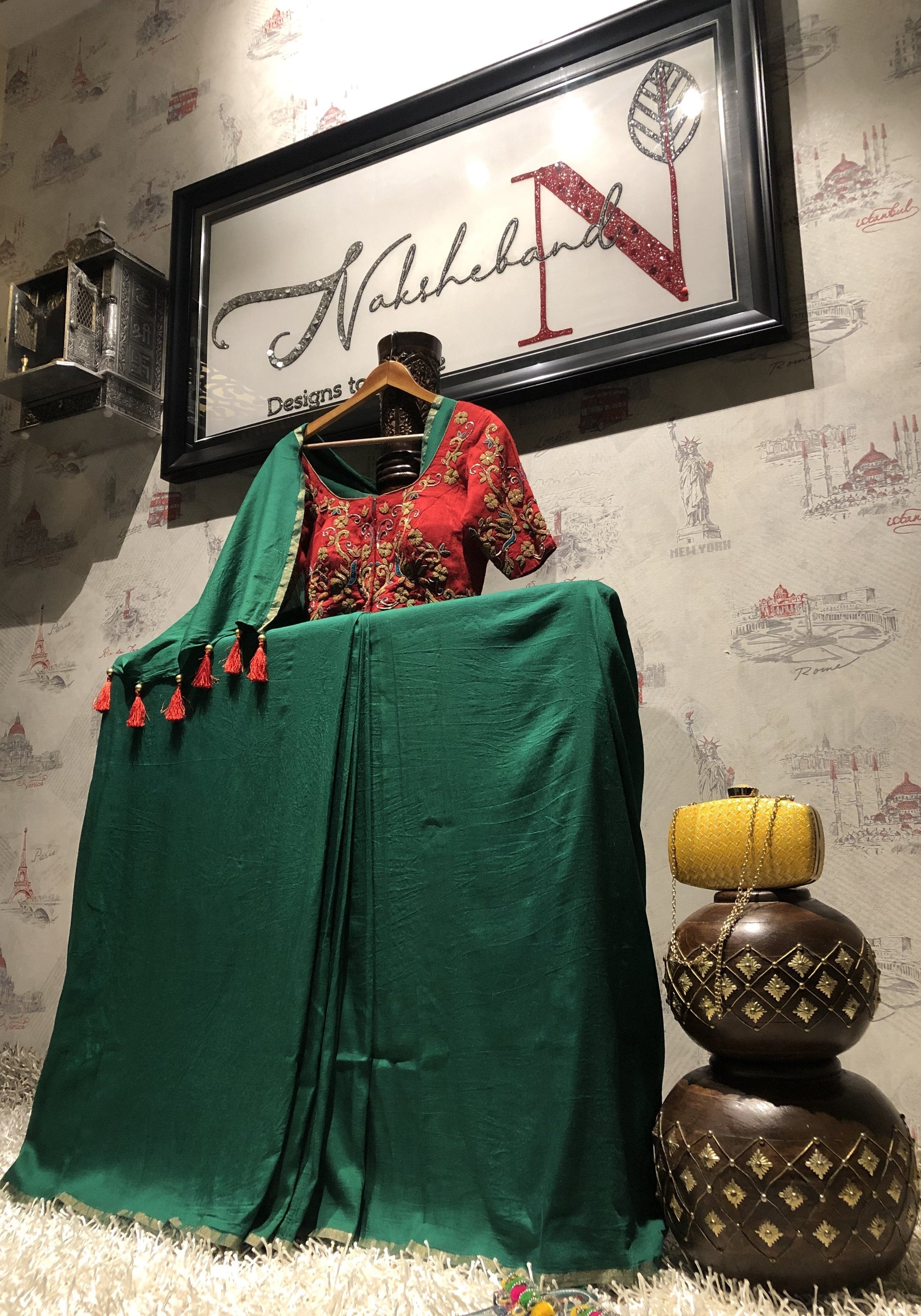 Basil Green Color Designer Pure Muga Embroidered - Ruby - Naksheband