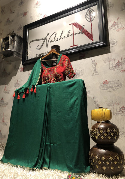 Basil Green Color Designer Pure Muga Embroidered - Ruby - Naksheband