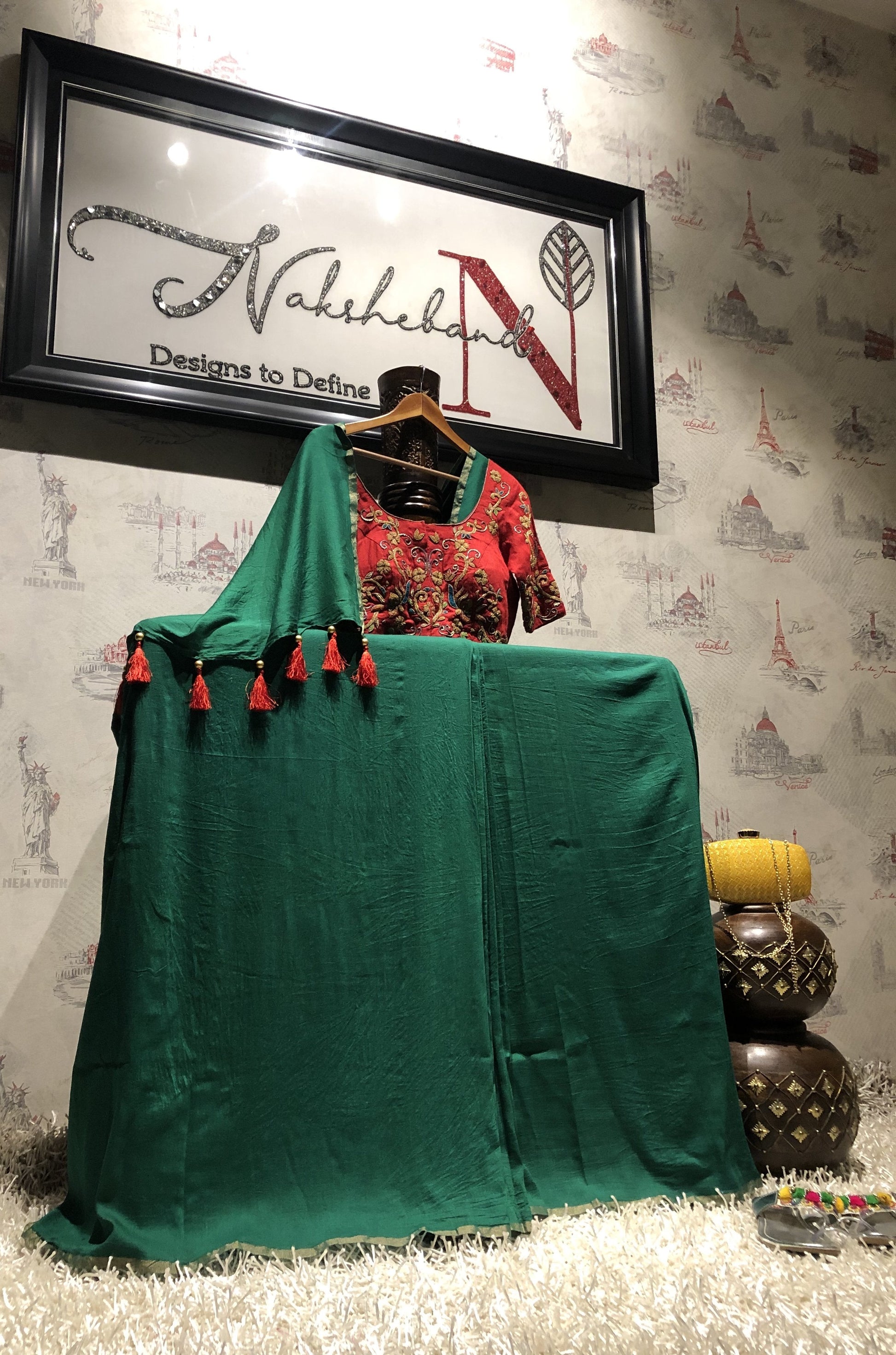 Basil Green Color Designer Pure Muga Embroidered - Ruby - Naksheband