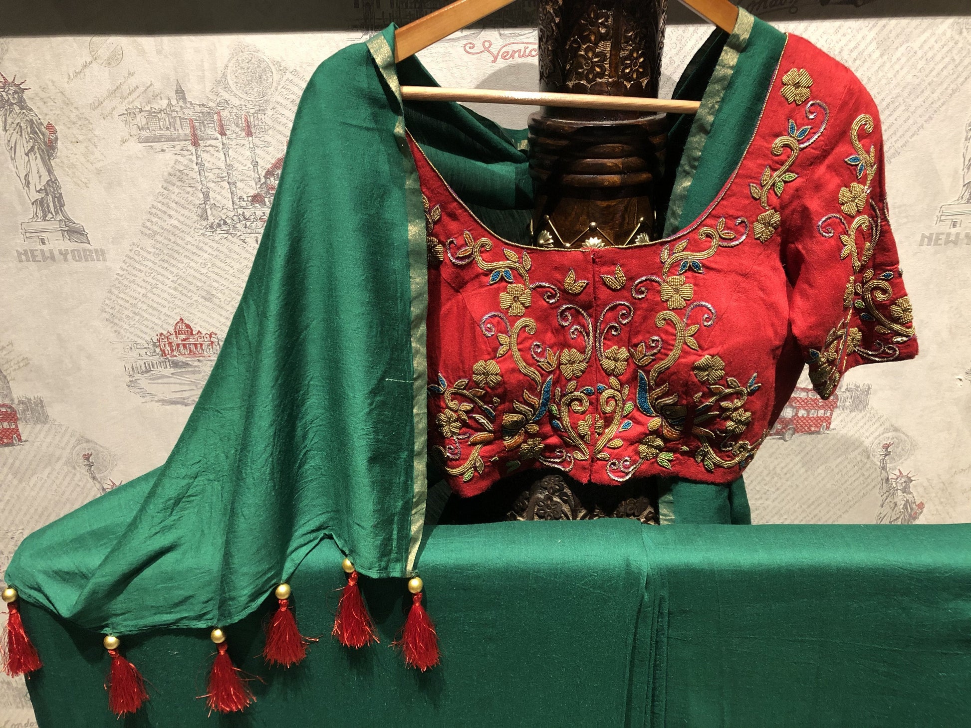 Basil Green Color Designer Pure Muga Embroidered - Ruby - Naksheband