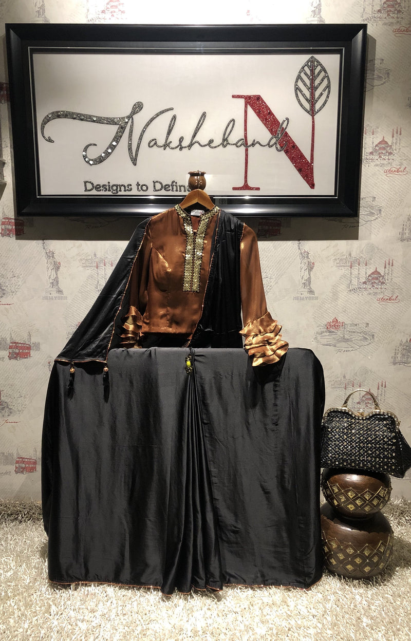 Black And Brown Color Designer Satan Silk Saree - Sooty - Naksheband