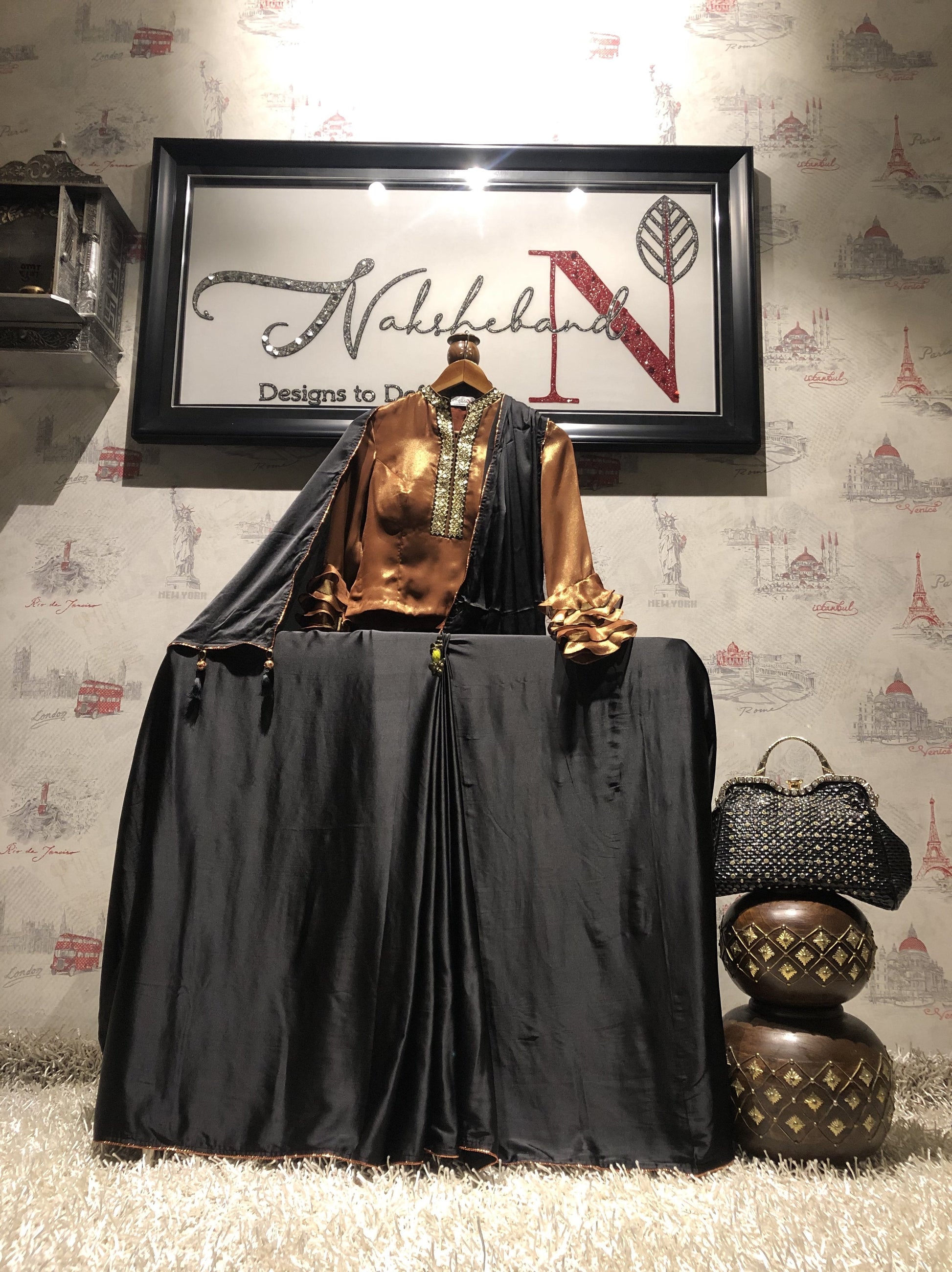 Black And Brown Color Designer Satan Silk Saree - Sooty - Naksheband