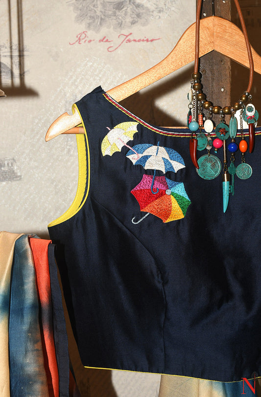 Navy Blue Pure Silk Chanderi Hand Embroidered Designer Blouse - Naksheband