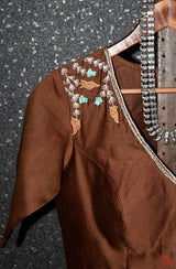 Brown Pure Silk Chanderi Hand Embroidered Designer Blouse - Naksheband