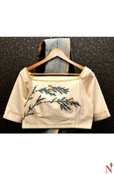 Beige Pure Silk Chanderi Hand Embroidered Designer Blouse - Naksheband