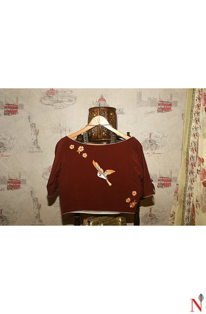Muddy Brown Pure Crepe Hand Embroidered Designer Blouse - Naksheband