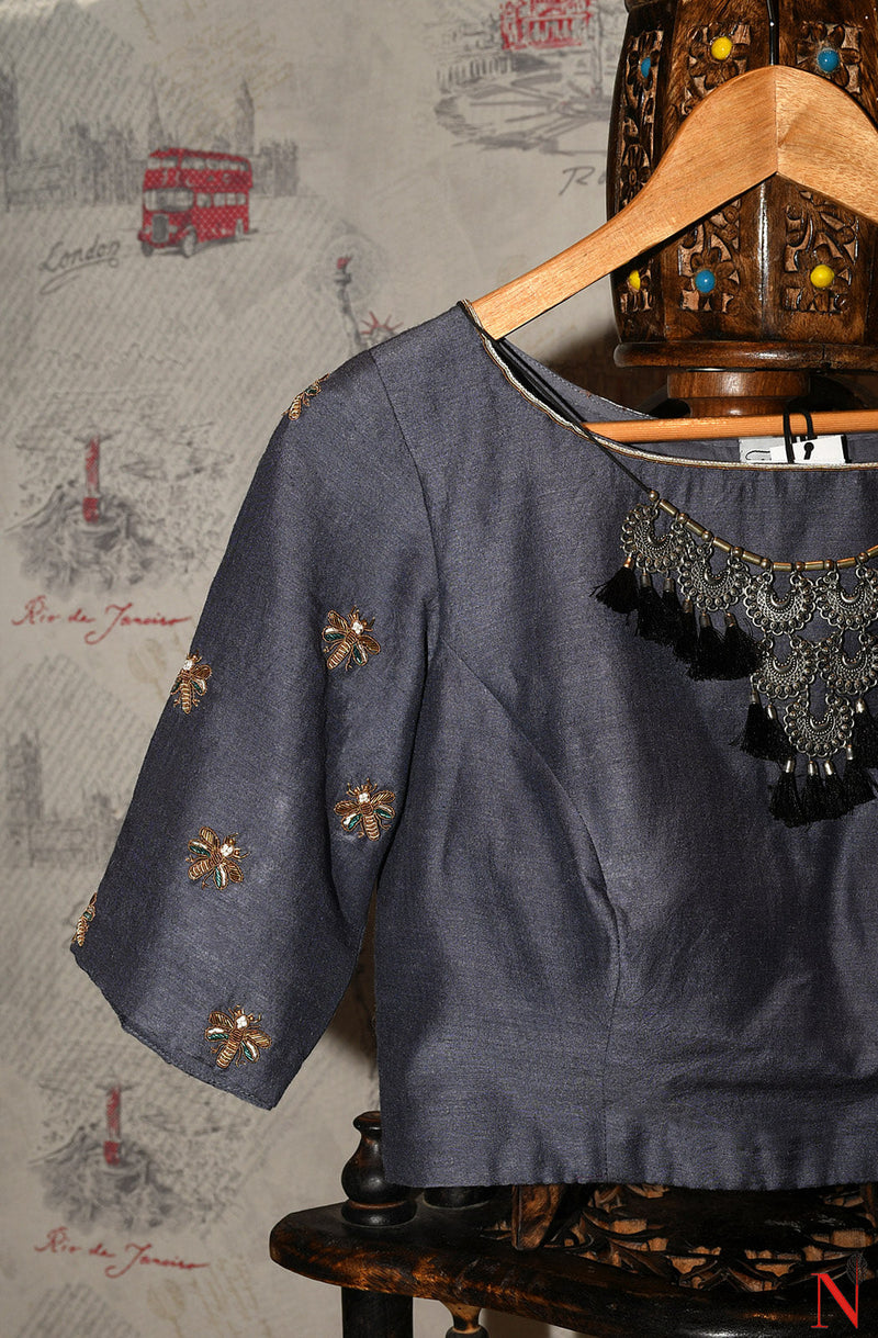 Steel Grey Pure Moonga Hand Embroidered Designer Blouse