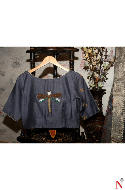 Steel Grey Pure Moonga Hand Embroidered Designer Blouse - Naksheband