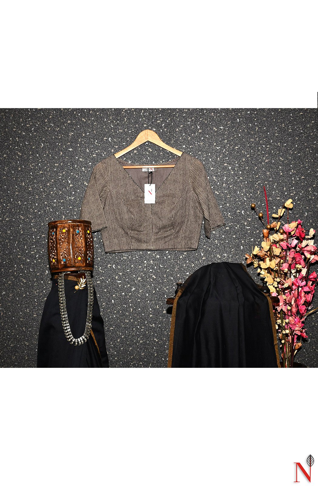 Brown Strip Pure Cotton Hand Embroidered Designer Blouse - Naksheband