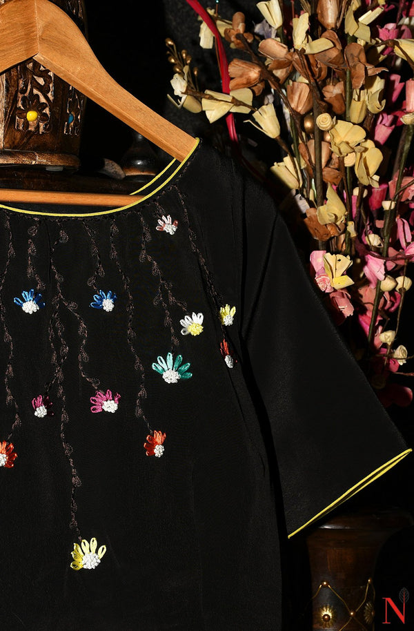 Black Pure Crepe Hand Embroidered Designer Blouse - Naksheband