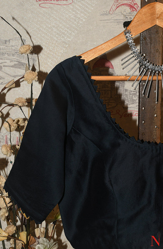 Navy Blue Pure Silk Chanderi Hand Embroidered Designer Blouse - Naksheband