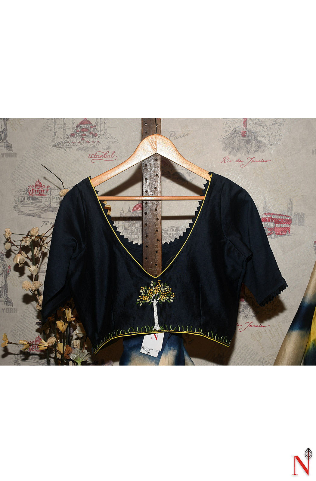 Navy Blue Pure Silk Chanderi Hand Embroidered Designer Blouse - Naksheband