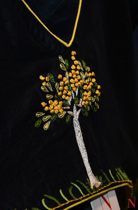 Navy Blue Pure Silk Chanderi Hand Embroidered Designer Blouse - Naksheband