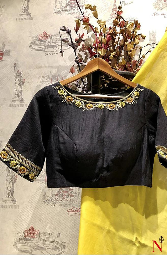 Black Pure Muga Silk Hand Embroidered Designer Blouse - Naksheband