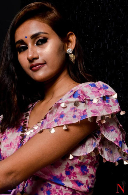 Cream With Purple Pure Cotton Hand Embroidered Designer Blouse - Naksheband