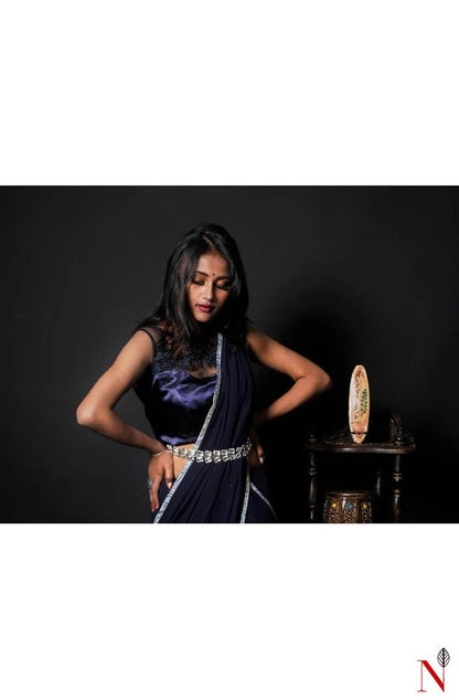 Blue Imported Satin Net Hand Embroidered Designer Blouse - Naksheband