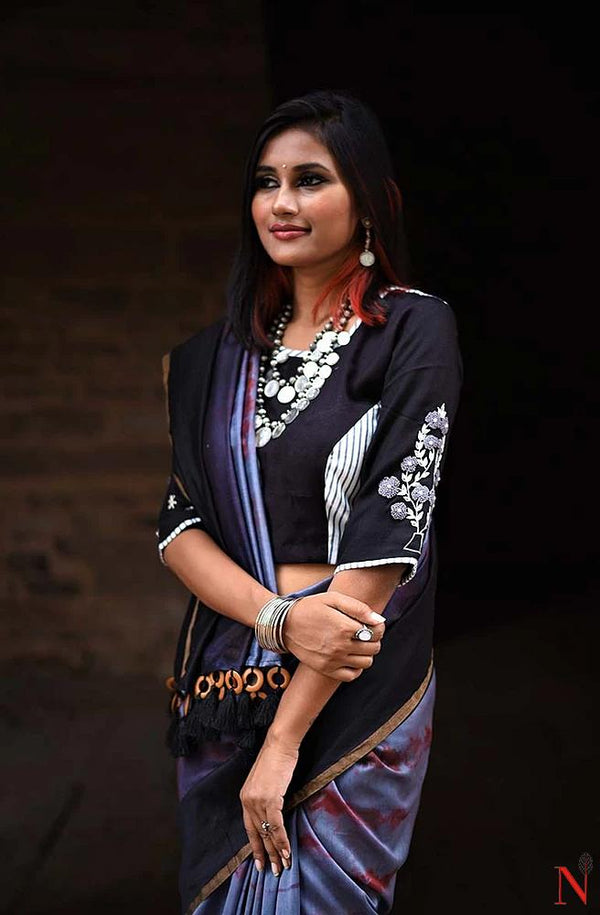 Black And White Cotton Hand Embroidered Designer Blouse - Naksheband