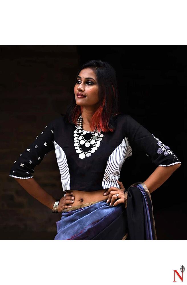 Black And White Cotton Hand Embroidered Designer Blouse - Naksheband