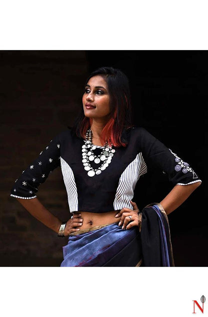 Black And White Cotton Hand Embroidered Designer Blouse - Naksheband