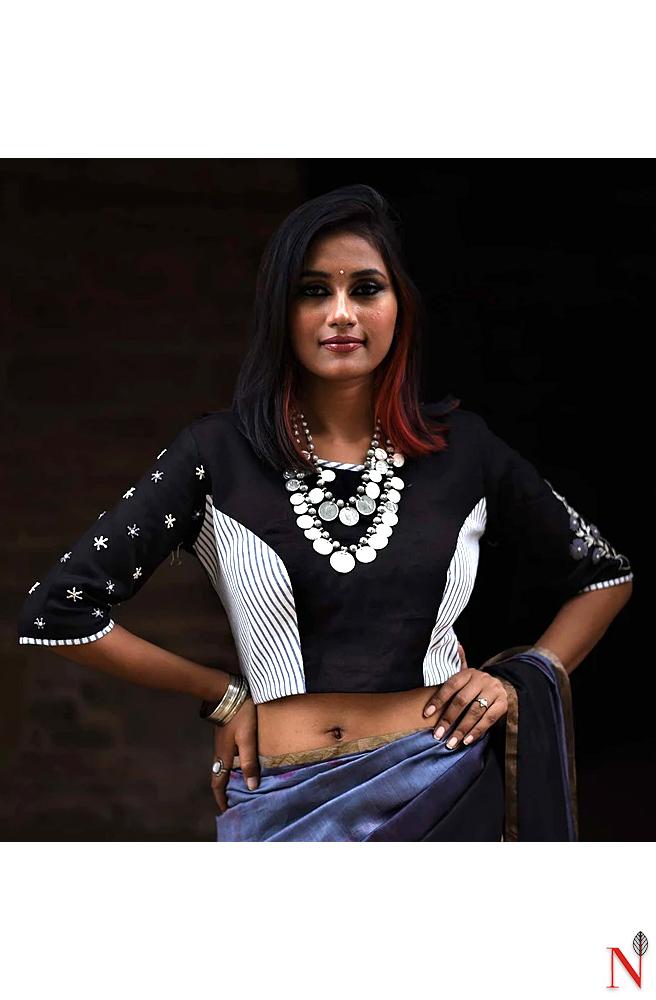 Black And White Cotton Hand Embroidered Designer Blouse - Naksheband