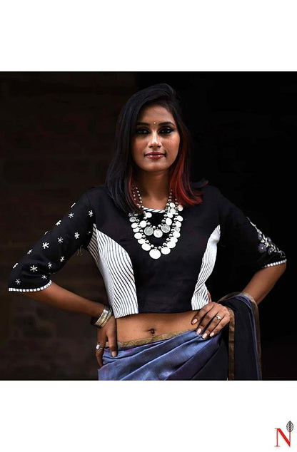 Black And White Cotton Hand Embroidered Designer Blouse - Naksheband